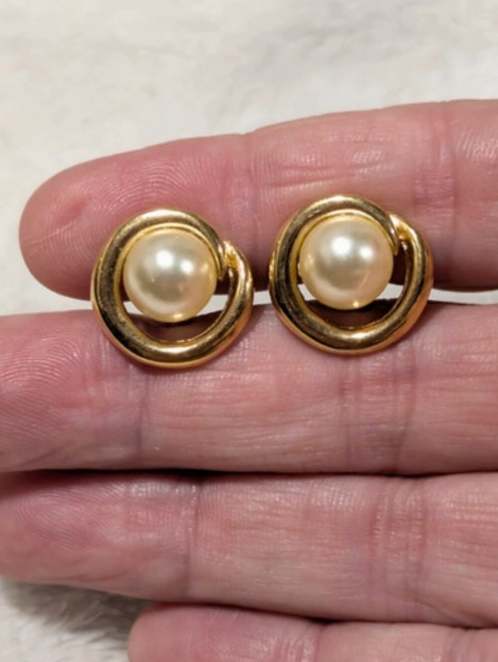 Vintage gold-tone faux pearl swirl hoop clip-on earrings